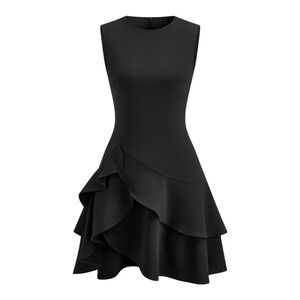 Commense Black Asymmetric Tiered Ruffle Hem Mini Dress Zip Back NWT XS